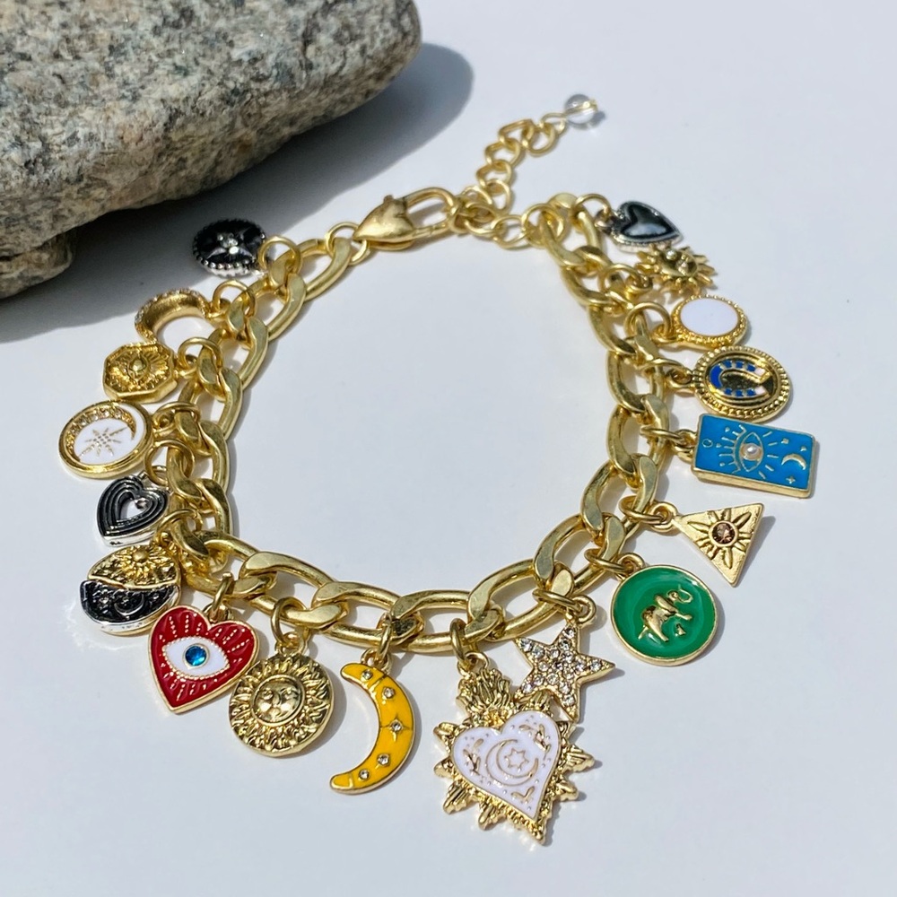 NEW Gold Charm Bracelet with Celestial Enamel Charms - Picture 2 of 6
